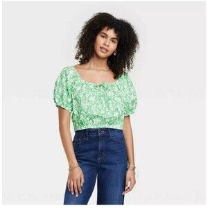 Universal Thread Women's Puff Short Sleeve Peasant Top Green Floral Size S